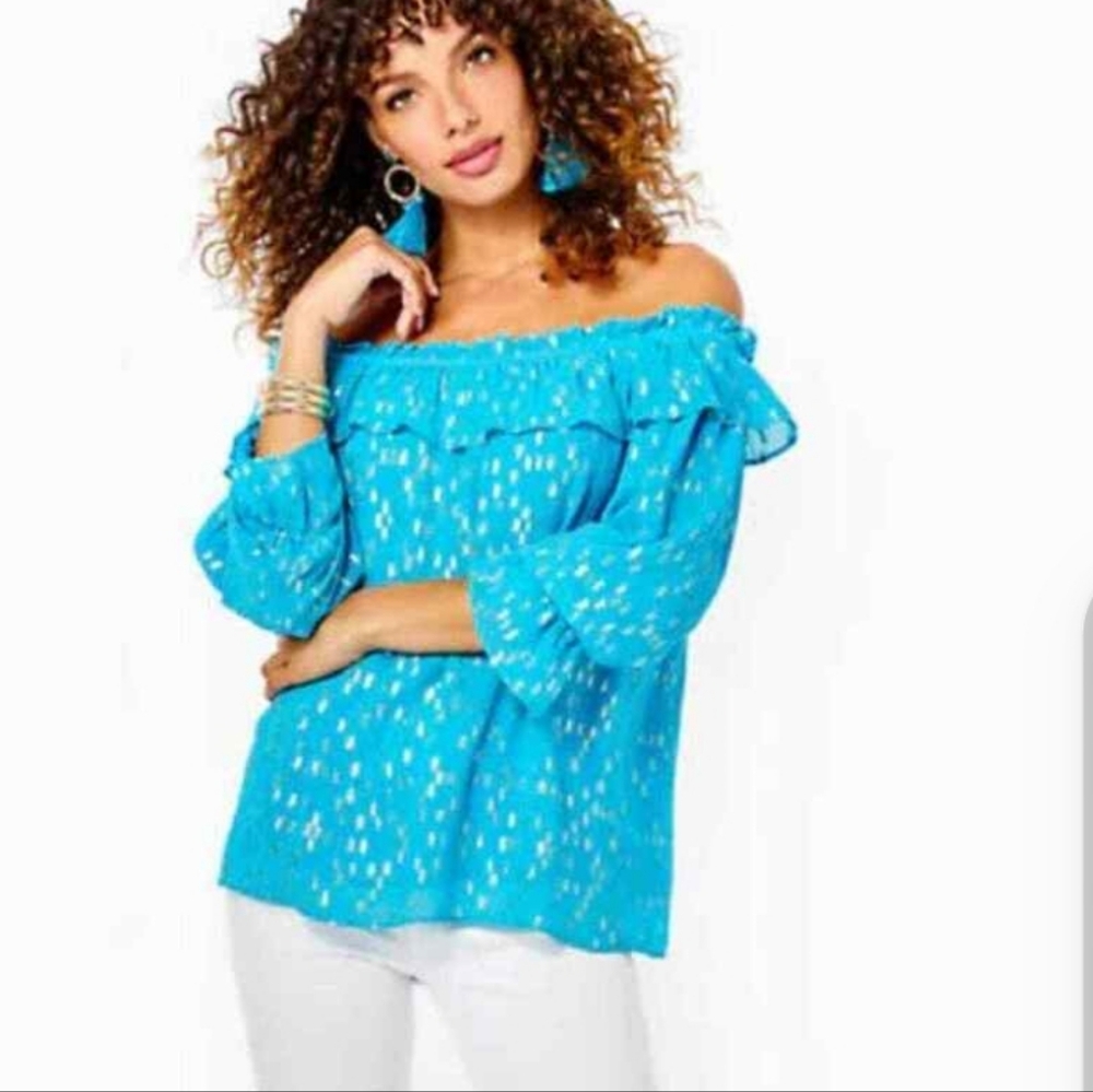 Lilly Pulitzer top Women's CeeCee Off-The-Shoulder blouse blue/silver sz SMALL